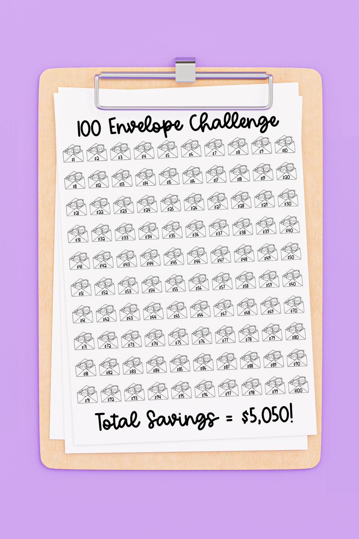 free 100 envelope challenge printable chart to save money